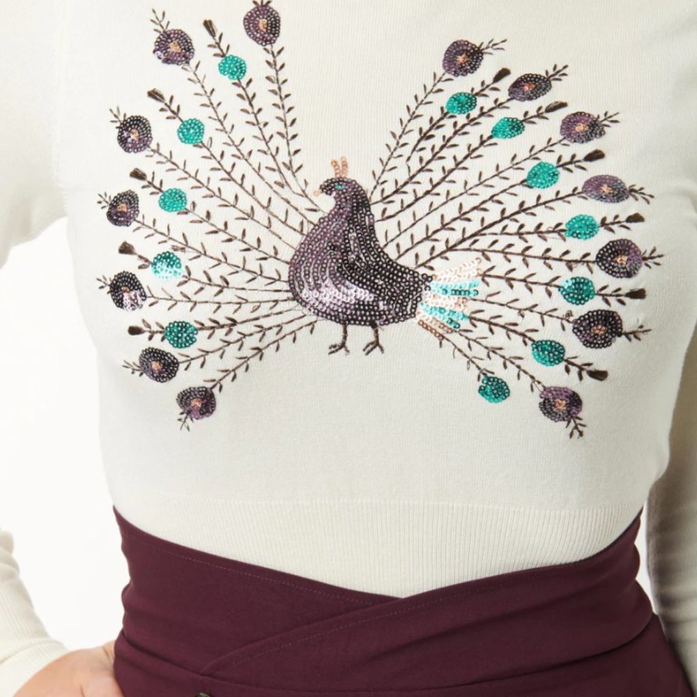 Unique Vintage Cream & Peacock Sweater M/6-8